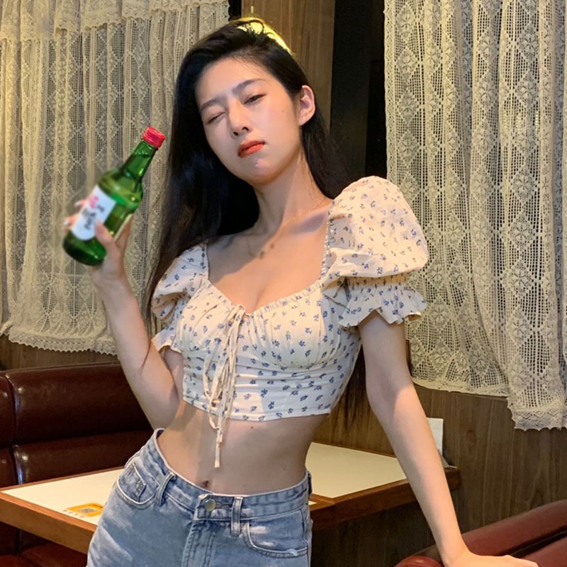 Áo Croptop Ngắn Tay Cổ Vuông Phối Nơ Phong Cách Hàn Quốc Ngọt Ngào Cho Nữ