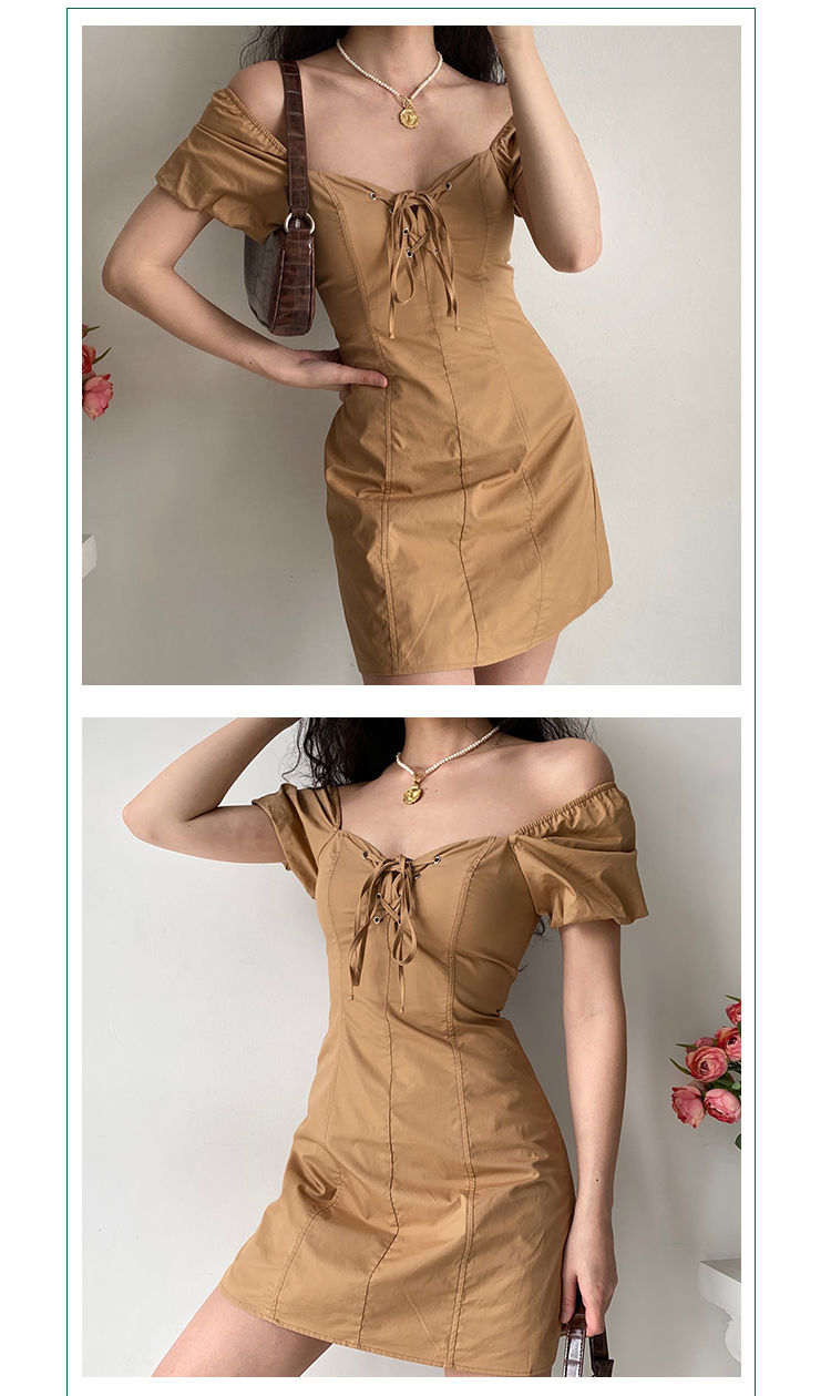 Đầm Chữ A Cổ Vuông Tay Phồng Phối Dây Thắt Kiểu Retro Pháp Quyến Rũ | BigBuy360 - bigbuy360.vn