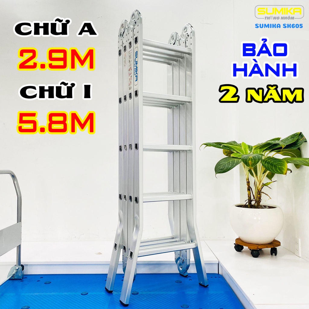 Thang nhôm gấp xếp 4 đoạn đa năng Sumika SK605 (chữ A: 2.9m - chữ I: 5,8m; ) bảo hành 2 năm,thang công trình