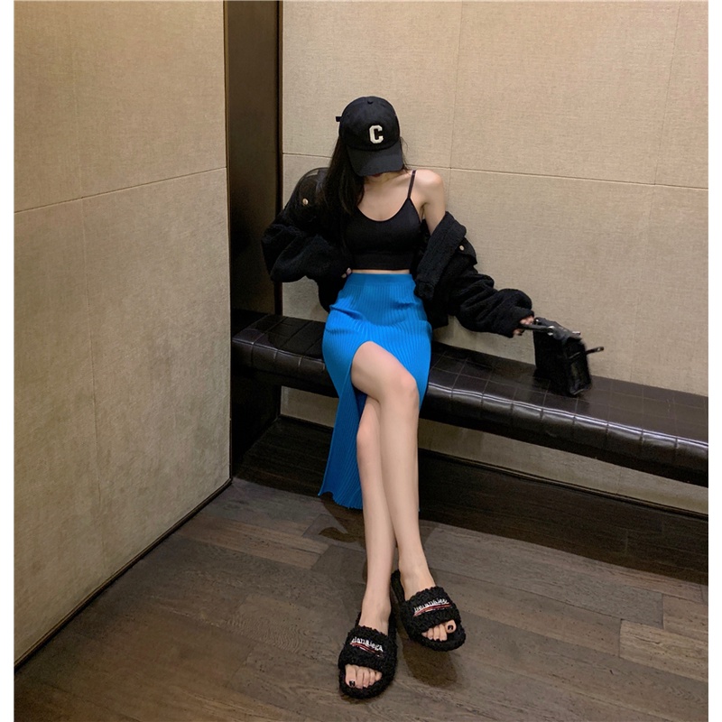 Cocory vn Chân Váy Dệt Kim Chữ A Lưng Cao Dáng Ôm Xẻ Tà Quyến Rũ Thời Trang Cho Nữ