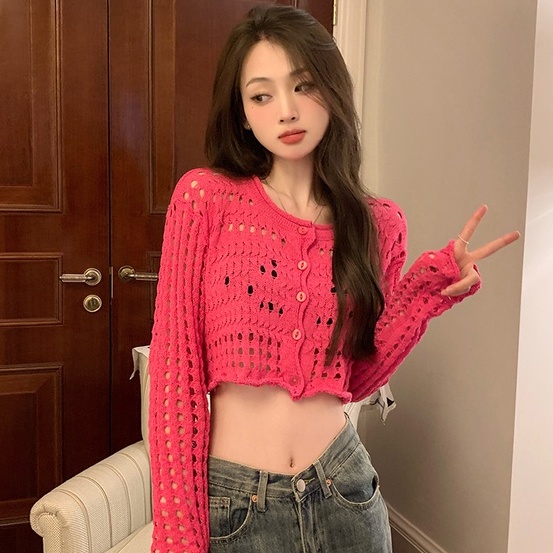 Áo khoác cardigan ZHELIHANGFEI vải dệt kim tay dài eo cao quyến rũ dễ phối đồ