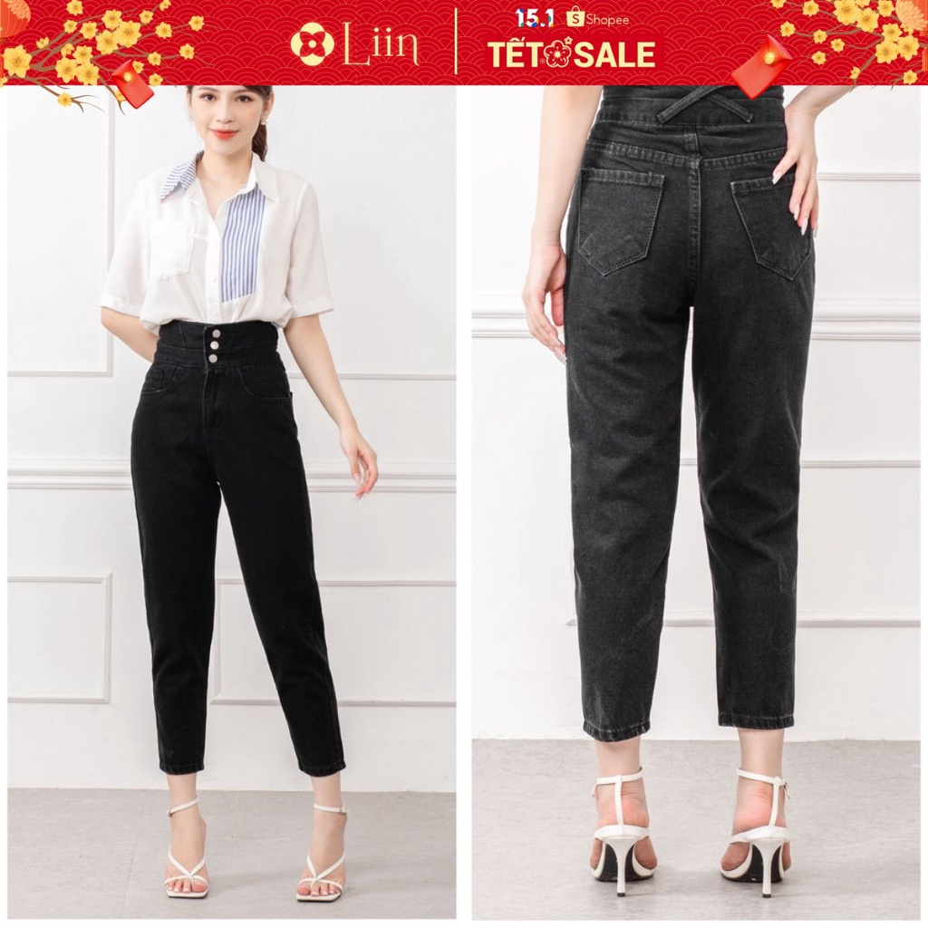 Quần Jean nữ cạp cao 3 cúc màu Đen phong cách năng động cá tính Liin Clothing Q3549