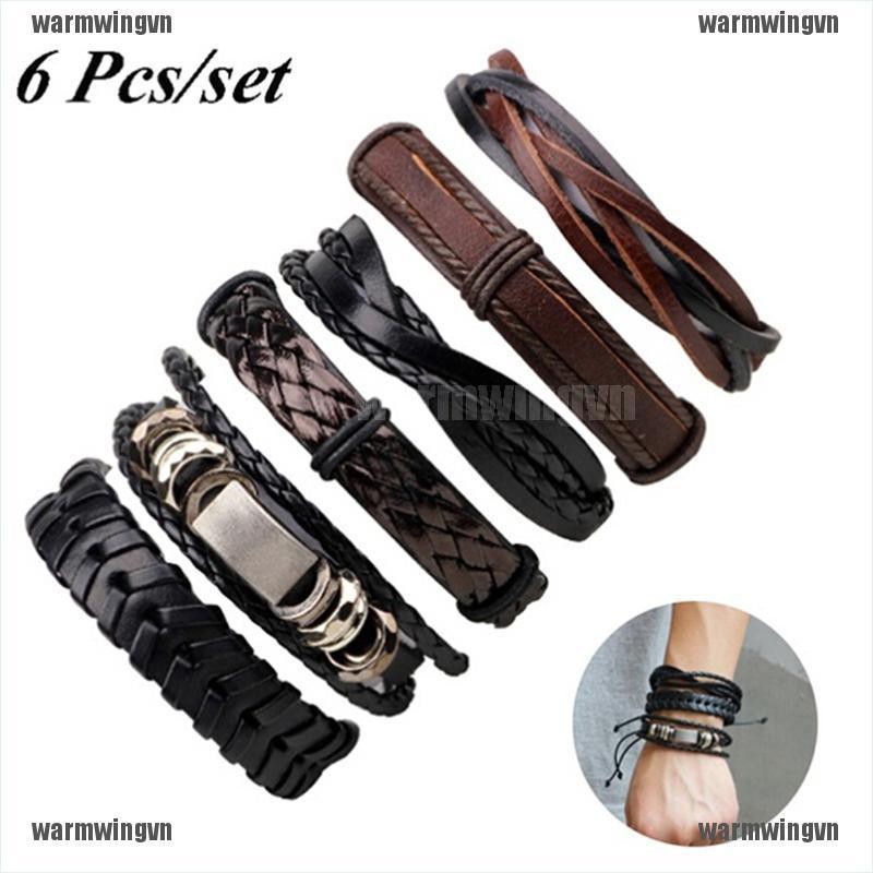 Set 6 Vòng Tay Da Bện Nhiều Lớp Phong Cách Vintage Cho Nam