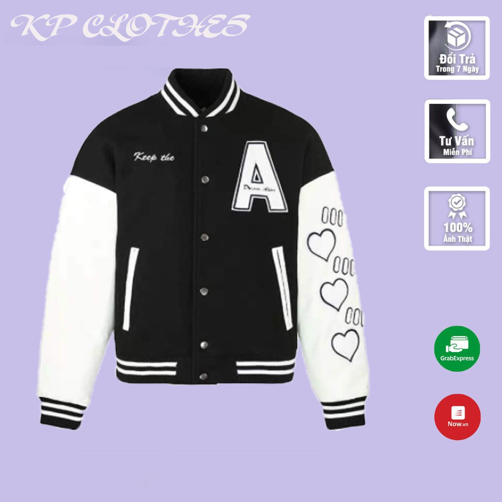 Áo Khoác Bomber Varsity Nỉ Nam Nữ Dáng Rộng Dài Tay Phối Chữ A  So Hot KP Clothes