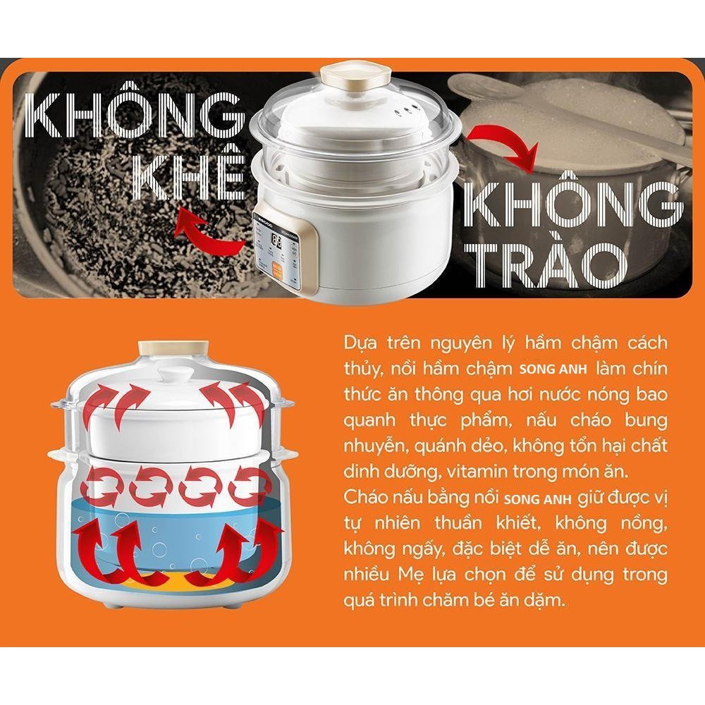 Nồi Hầm Nấu Cháo Chậm, Chưng Yến Hấp Cách Thủy, Nồi Nấu Đa Năng 2 Tầng 1,5Lit Song Anh Cao Cấp