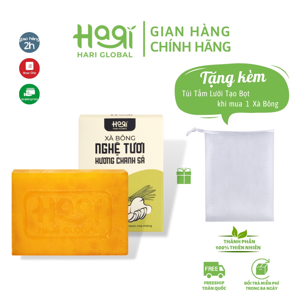 Xà bông nghệ tươi HARI hương chanh sả, TẶNG túi tắm tạo bọt sáng da giảm thâm diệt khuẩn, xà phòng nghệ tốt cho sức khỏe | BigBuy360 - bigbuy360.vn