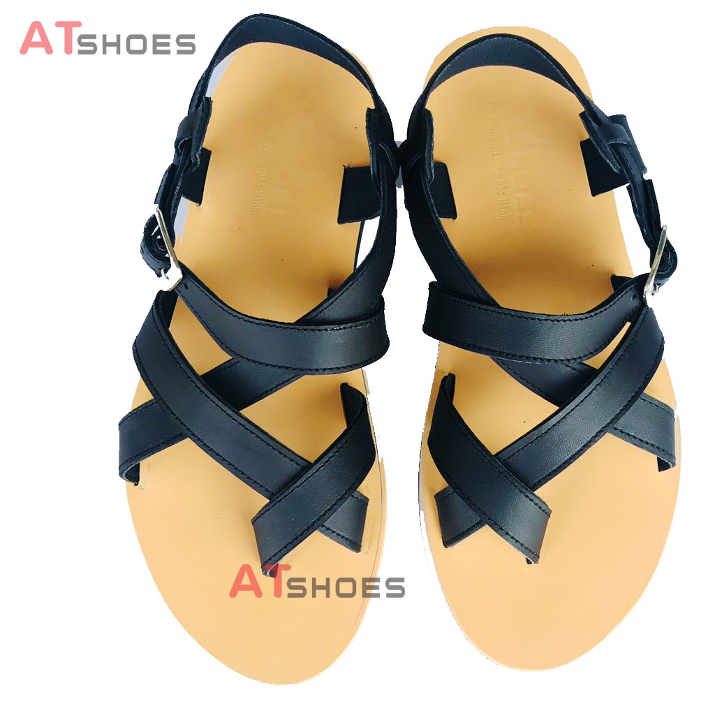 Dép Sandal Unisex cao cấp Da Bò Thật Sandal xỏ ngón nam nữ chuẩn kiểu Hàn Quốc Trẻ Trung Atshoes AT40(Đen)