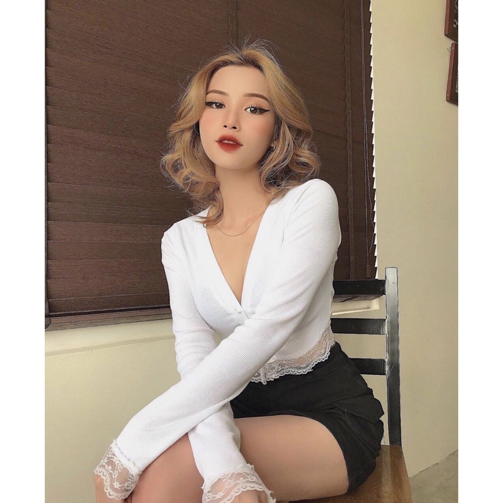 Áo croptop tay dài phối ren A5003 | BigBuy360 - bigbuy360.vn