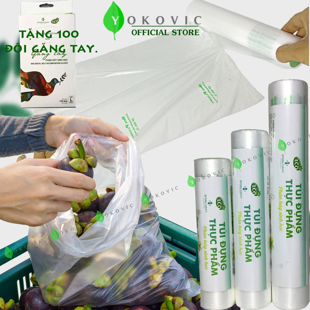 Cuộn túi đựng thực phẩm THÔNG MINH tự hủy (Combo 6 cuộn, 100 túi/ cuộn)  Eco Green Tặng 01 hộp găng tay 100 đôi.