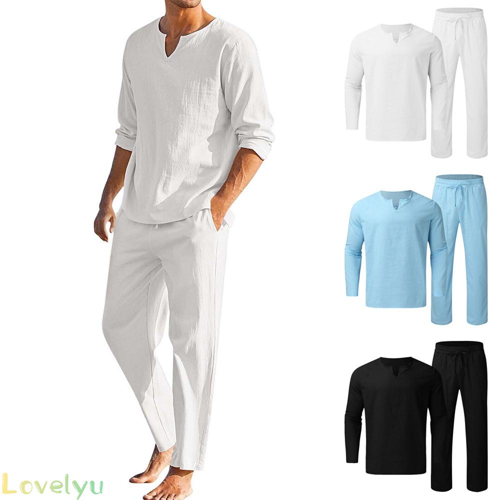 &lt;READY STOCK&gt;Men Shirt Pants 2-Pieces Set Cotton Linen Long Sleeve Solid Color V Neck100% brand new！