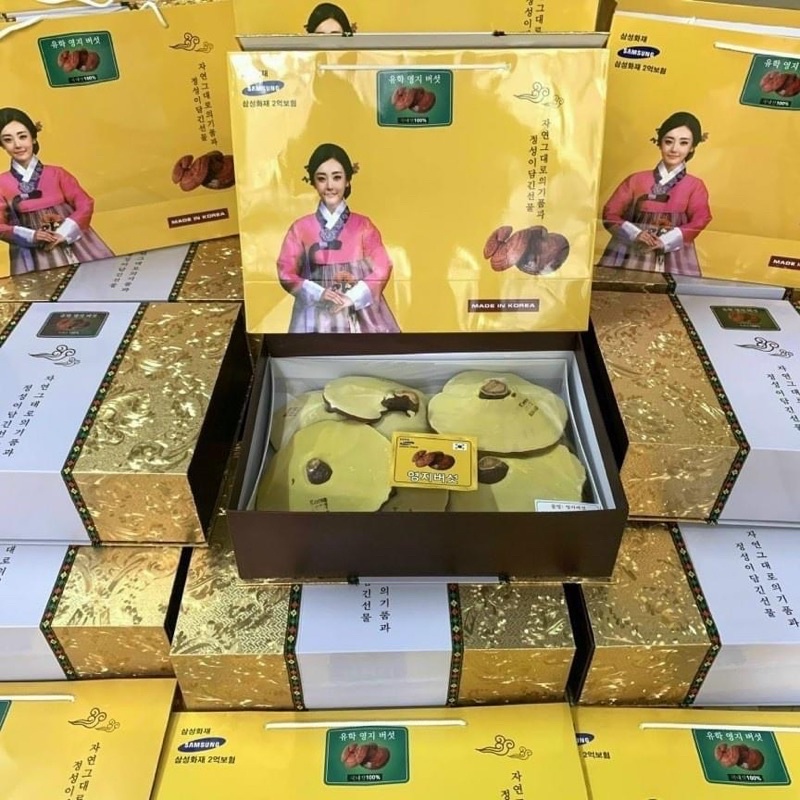 [HÀNG MỚI] Nấm Linh Chi Vàng Chanh Hộp Kim Tuyến Vàng Hàn Quốc, Hộp quà biếu sang trọng 1kg