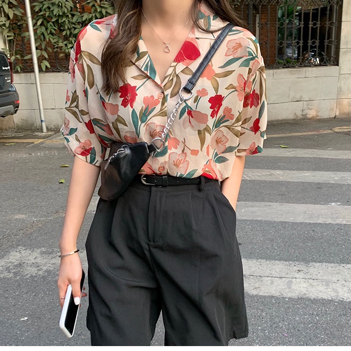 Linki ♡ Áo Sơ Mi Tay Ngắn Dáng Rộng In Hoa Thời Trang Hàn Quốc Cho Nữ