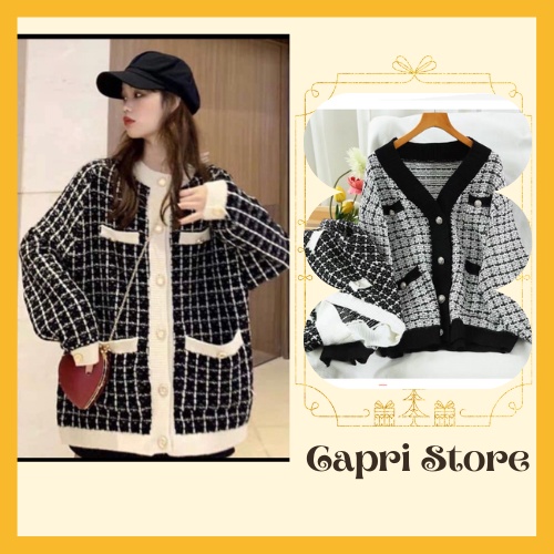 Áo cadigan len nữ họa tiết kẻ kim tuyến cúc nhựa siêu sang chảnh - CAPRI STORE