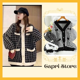 Áo cadigan len nữ họa tiết kẻ kim tuyến cúc nhựa siêu sang chảnh - CAPRI STORE