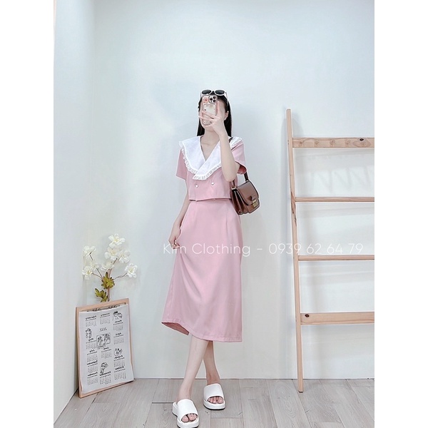 [Hàng sẵn - Hình thật] Set áo croptop cổ bèo gài nút + chân váy midi thanh lịch