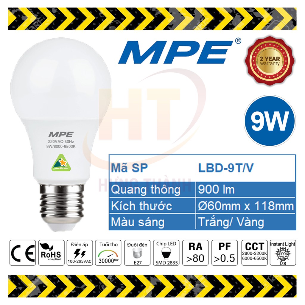 Bóng đèn LED Bulb 9W MPE (Trắng/ Vàng)