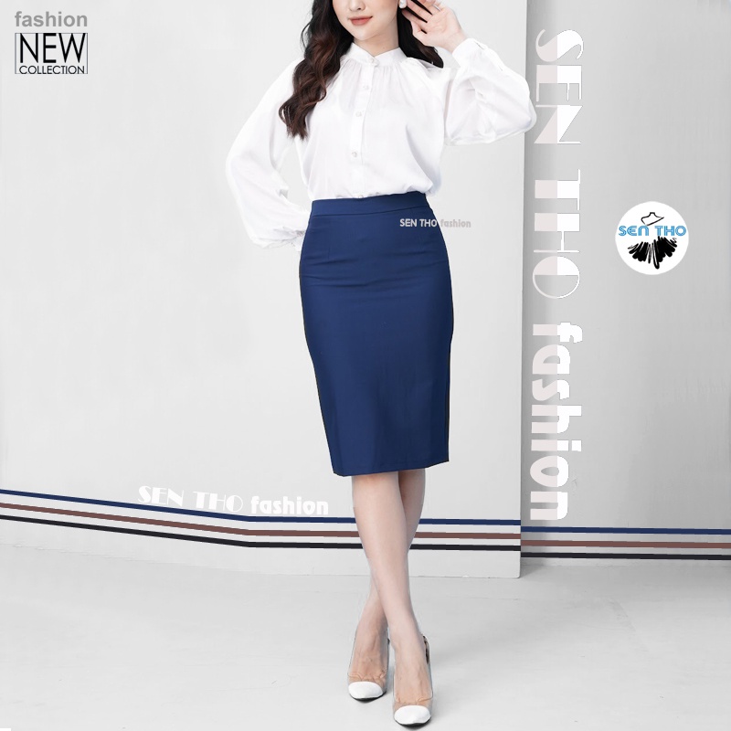 Chân Váy Bút Chì Cạp Cao, Có Lớp Lót Dáng Công Sở Xẻ Sau Nâu Vàng Đen Xanh Than Sang Trọng Thanh Lịch