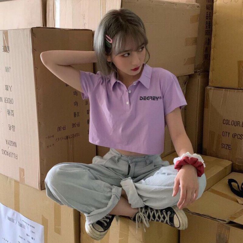 Áo croptop cổ bẻ polo nữ tay lỡ , from rộng, freesize , thun cotton mềm mịn