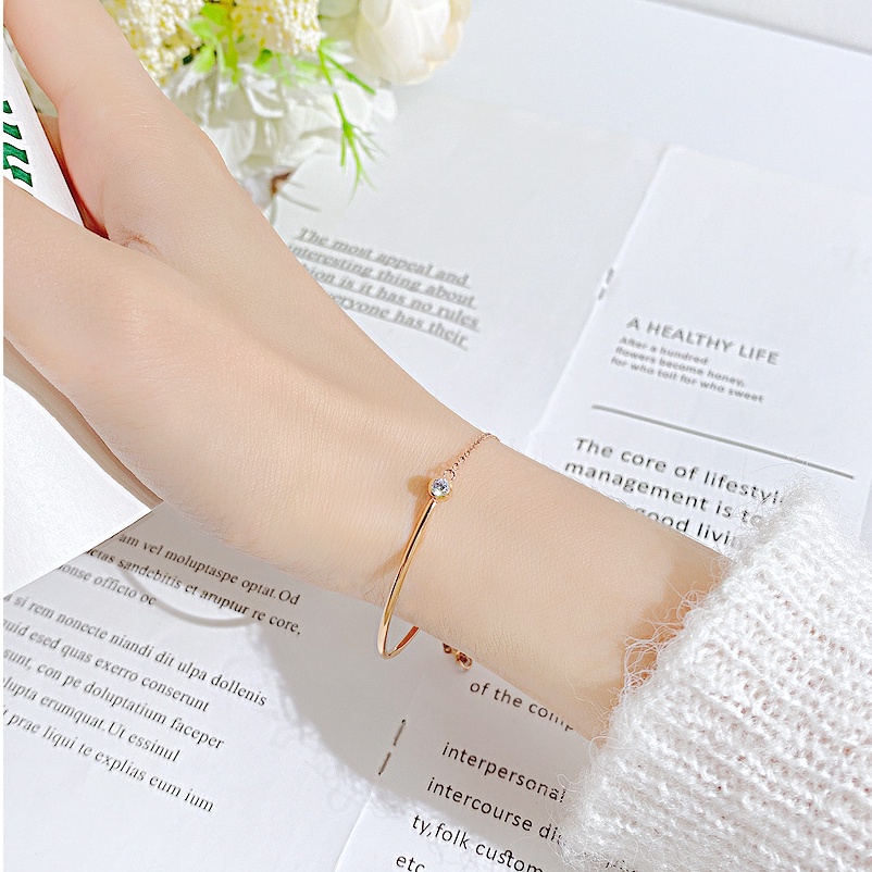 Vòng Tay Dây Xích Bằng Thép Titanium Mạ Vàng Hồng Đính Đá Zircon Phong Cách Hàn Quốc Thời Trang Cho Nữ