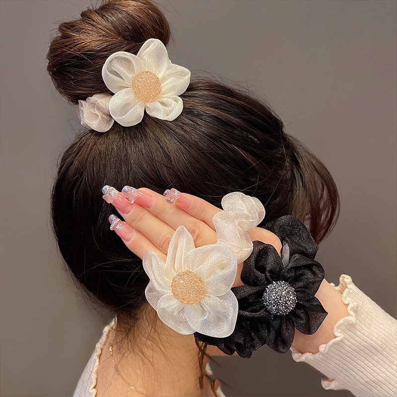 Dây Cột Tóc Lưới Họa Tiết Hoa Đính Đá Kiểu Hàn Quốc Ngọt Ngào Xinh Xắn