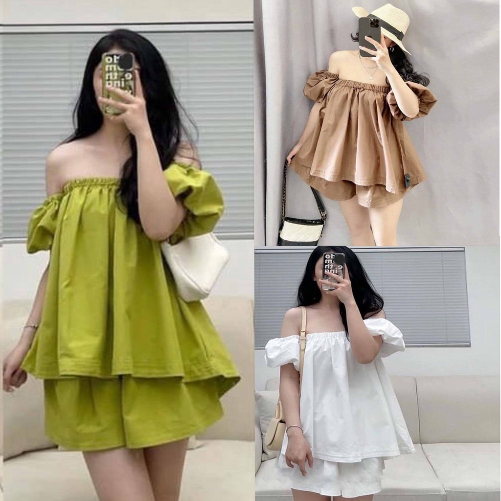 SQ016 Set áo trễ vai quần short ngắn nữ hè thu Bộ quần áo bở vai cổ chun quần cộc đùi nữ tính đi biển đi chơi