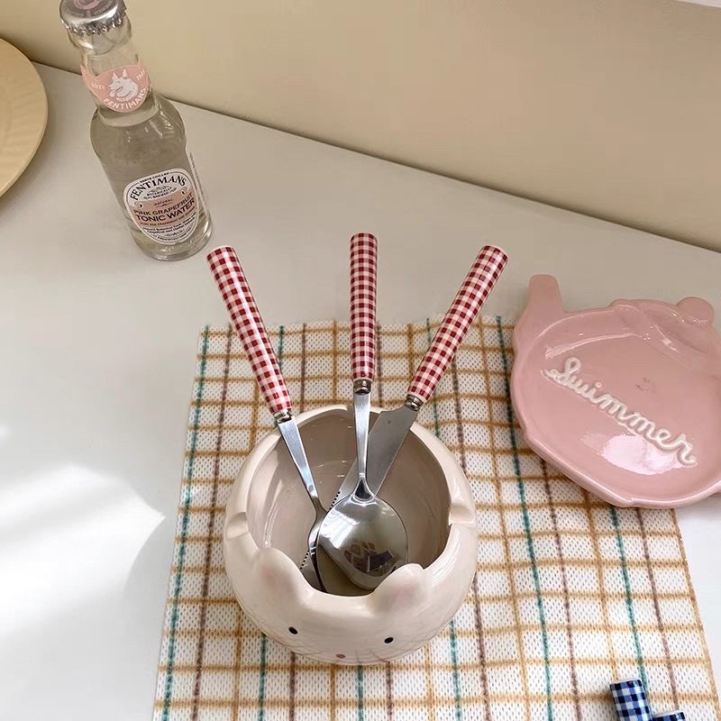 Dao thìa nĩa caro đỏ, caro xanh Vintage.