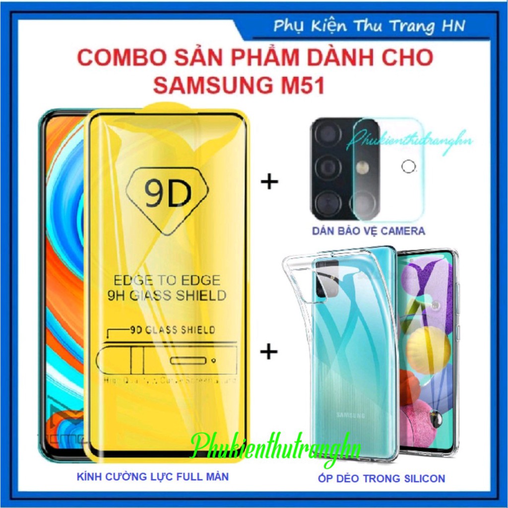 Samsung M51 - Combo 3 in 1 kính full màn hình + ốp dẻo silicon trong suốt + dán bảo vệ camera Samsung M51