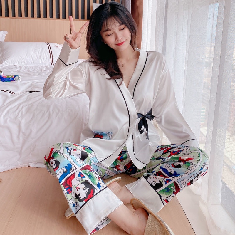 Bộ đồ ngủ tay dài bằng lụa phong cách kimono Nhật Bản thời trang xuân thu cho nữ
