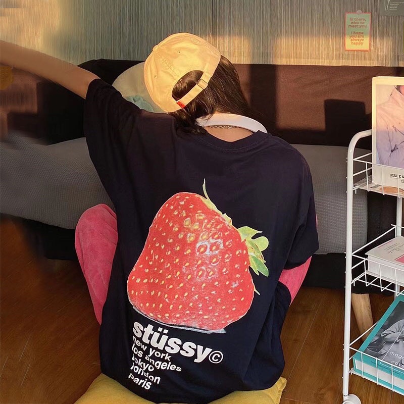 Áo Thun Stussy Bape Tay Lở Trái Dâu Form Rộng Cotton Màu Đen Trắng Vintage