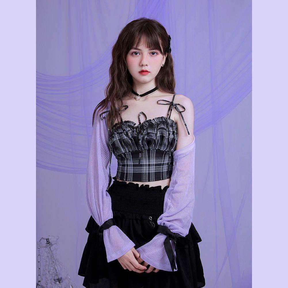 Set áo hai dây + chân váy và cardigan tím cách điệu