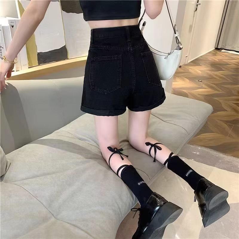 Quần short denim IELGY lưng cao ống rộng phong cách retro thời trang cho nữ