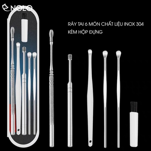 Bộ dụng cụ ngoáy tai inox 6 món, Bộ lấy ráy tai thép không rỉ 6 món