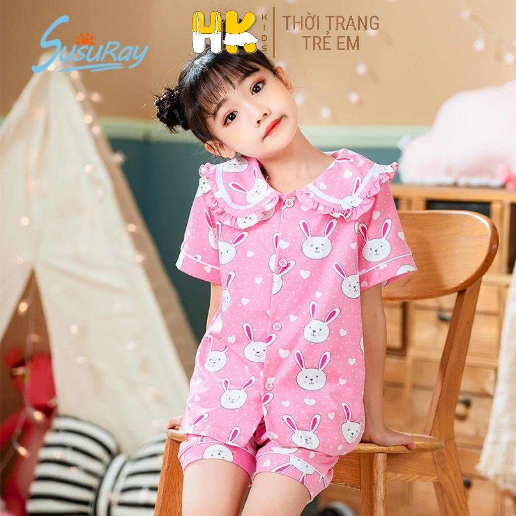 Bộ quần áo Pijama bé gái HK KIDS cộc tay cotton mềm mát cho bé mặc đi ngủ size từ 1-5 tuổi