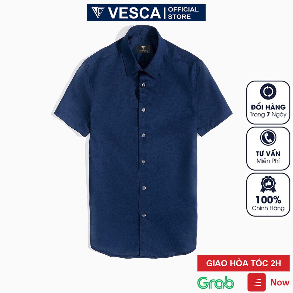 Áo sơ mi nam tay lỡ xanh đậm Vesca chất lụa mềm mại thoải mái không nhăn ngắn tay cao cấp F2