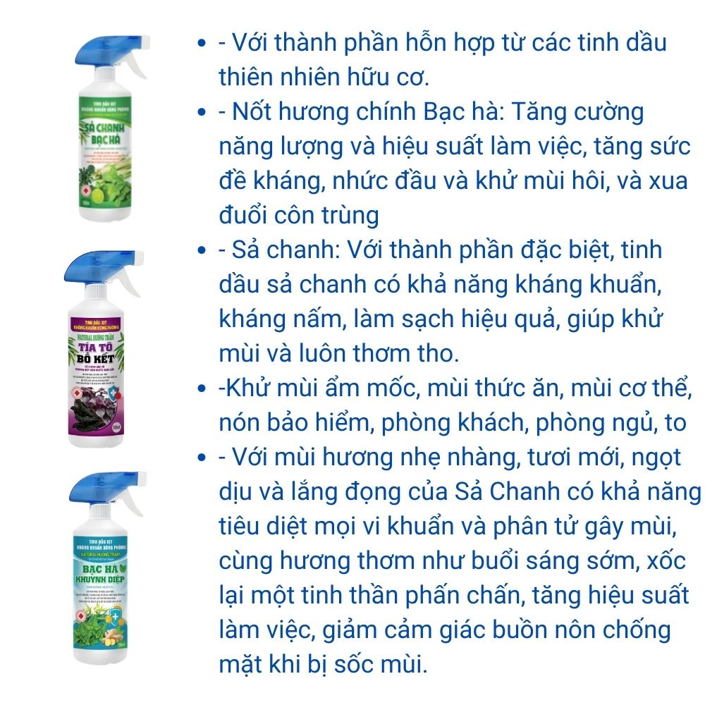 Bình Xịt Phòng Khử Khuẩn Tinh Dầu Nguyên Chất Hương Chanh Sả Bạc Hà Khuynh Diệp Bồ Kết Khử Mùi Thơm Phòng Đuổi Muỗi