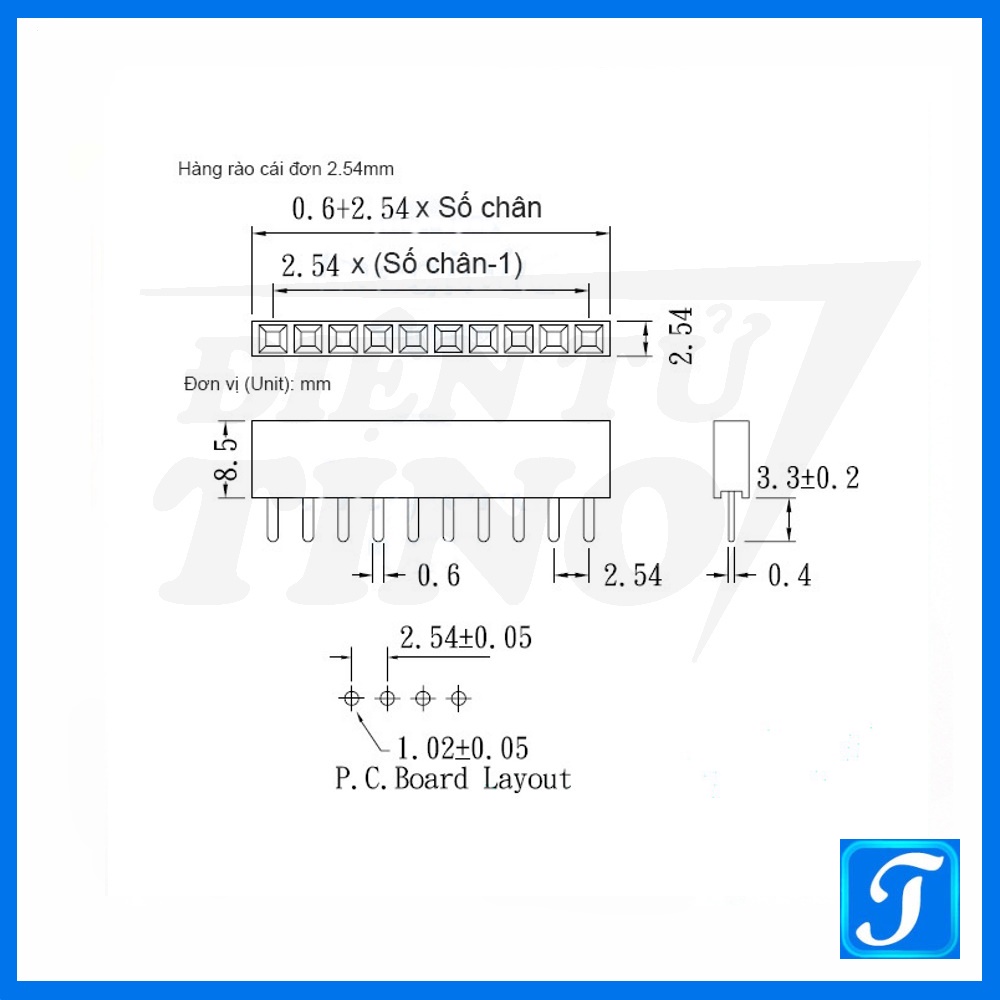 Header Hàng Rào Cái Đơn Cỡ Chân 2.54mm 40 Chân 1 Hàng Cao 11.8mm Kiểu Xuyên Lỗ
