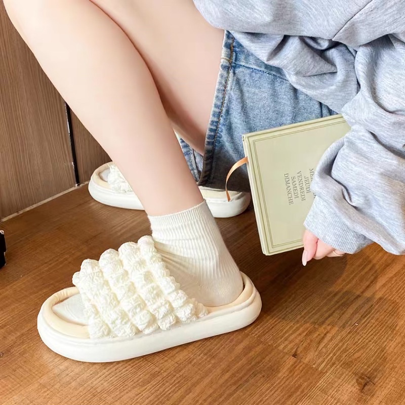 Dép đi trong nhà đế bánh mỳ 4cm quai ngang bèo nhúm dễ thương xinh xắn thời trang dành cho nữ 3 màu vàng, xanh, trắng