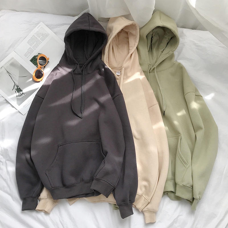 Áo Hoodie dài tay Dáng Rộng Màu Trơn Phong Cách Hàn Quốc Cho Nữ