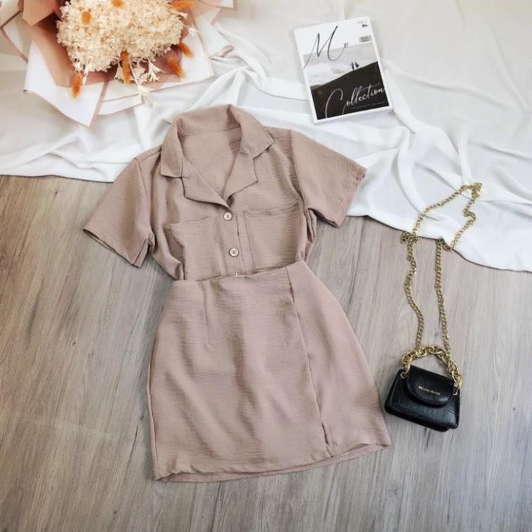 Set Đũi Áo Giả Vest Tay Ngắn Cổ Sơ Mi Chân Váy Ôm Công Sở Thanh Lịch Trắng Đen Nude DRSET08 Mys hitshop 💝