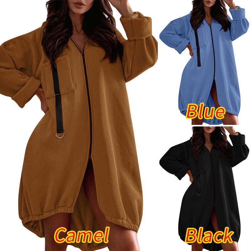 Áo khoác ZANZEA có mũ trùm dáng dài tay dài màu trơn phối khóa kéo trước thời trang thường ngày cho nữ