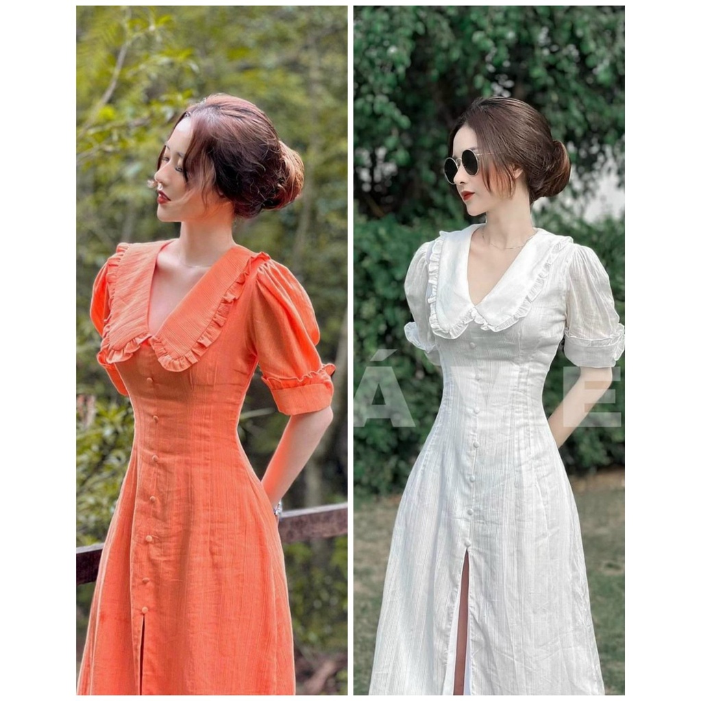 TTL váy dán dài bèo cổ bẻ nút bọc dự tiệc xẻ tà tiểu thư thanh lịch màu trắng và cam đất đũi nhăn