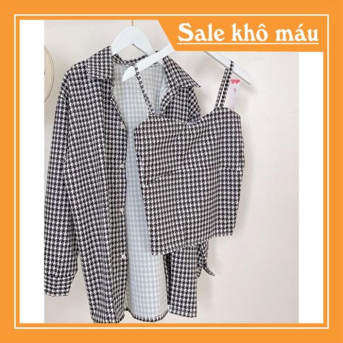 Bộ Áo Sơ Mi Áo 2 Dây Kẻ Ô Vuông ,Áo Khoác Nữ Kèm Áo Ngắn X078
