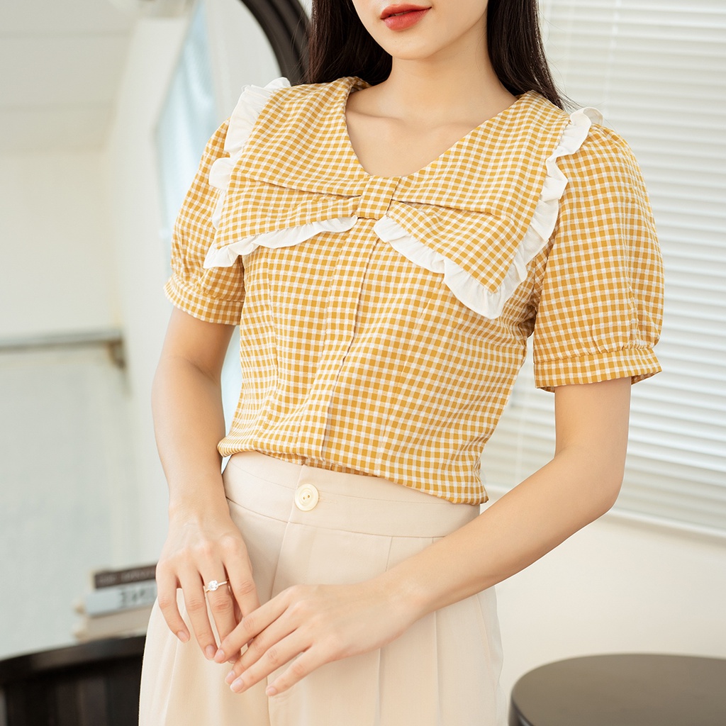 Áo kiểu nữ công sở caro cổ nơ cách điệu thiết kế thời trang Eden dây kéo sau lưng nút gỗ trang trí - ASM186