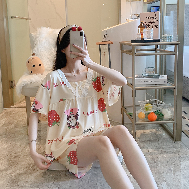 Set Đồ Ngủ Bằng Cotton Ngắn Tay In Họa Tiết Hoạt Hình Phong Cách Hàn Quốc Cho Nữ