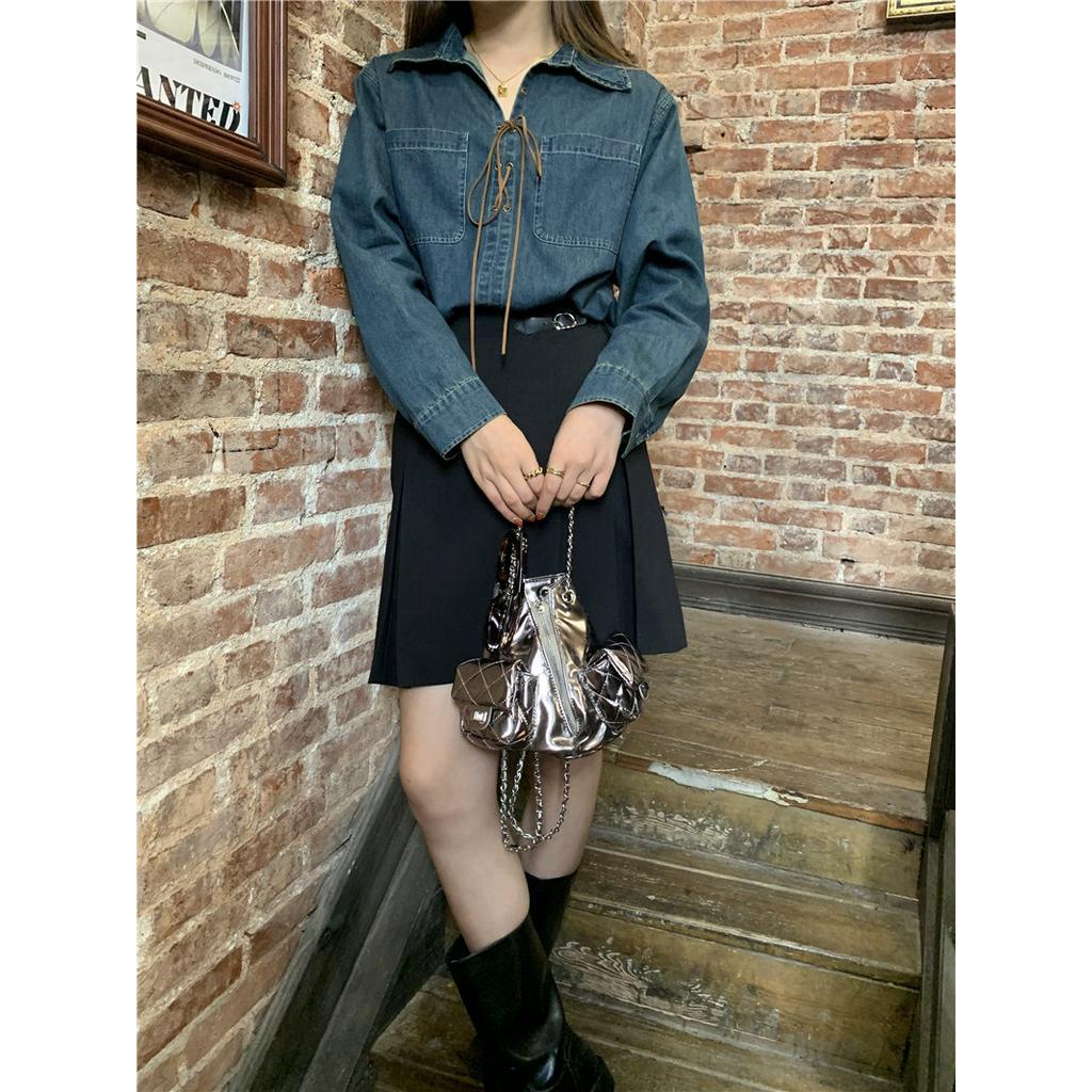 Áo Sơ Mi denim Dài Tay Trơn Màu Cột Dây 67682