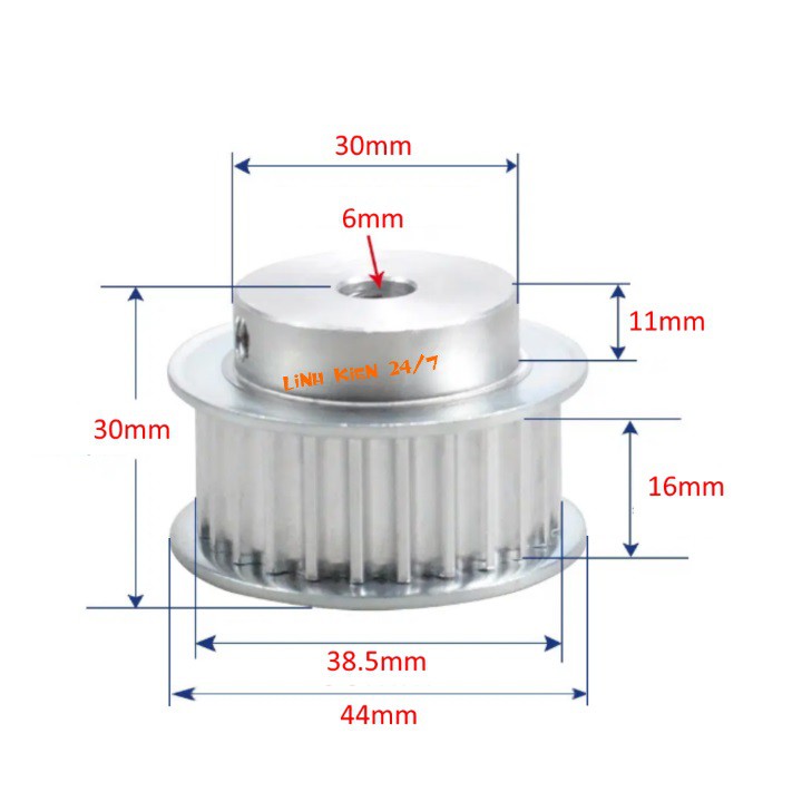 Puly Bánh Răng Nhôm 5M 25 Răng Bản 16mm Trục 6mm và 10mm