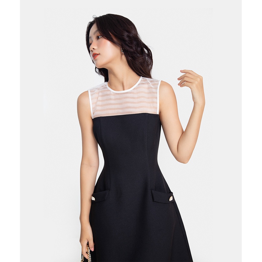 Đầm Nữ Midi HNOSS Phối Organza Sọc HNDLU035