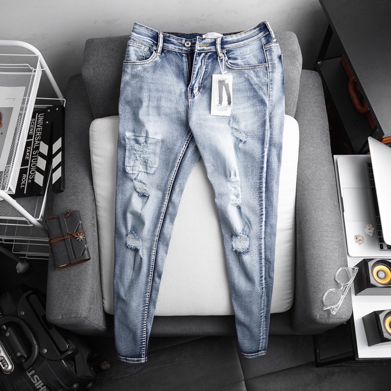 Quần jean nam xuất dư màu bụi rách gối cao cấp - co giãn | BigBuy360 - bigbuy360.vn