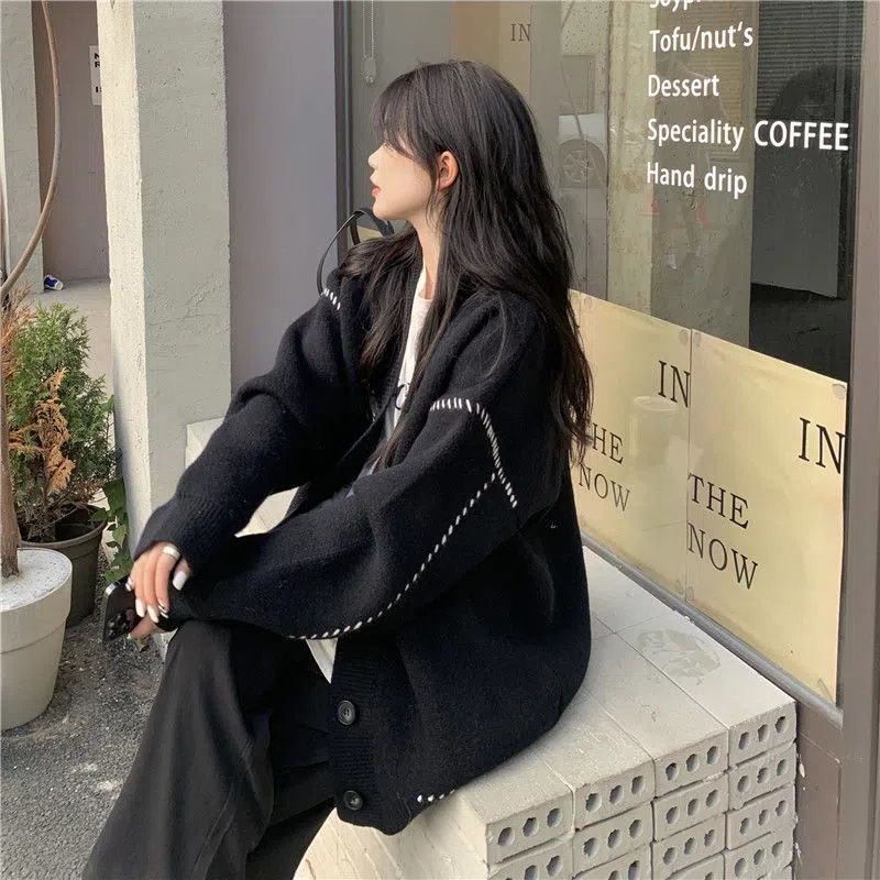 Áo Khoác Cardigan Dệt Kim Dáng Rộng Phong Cách Preppy Thời Trang Cho Nữ