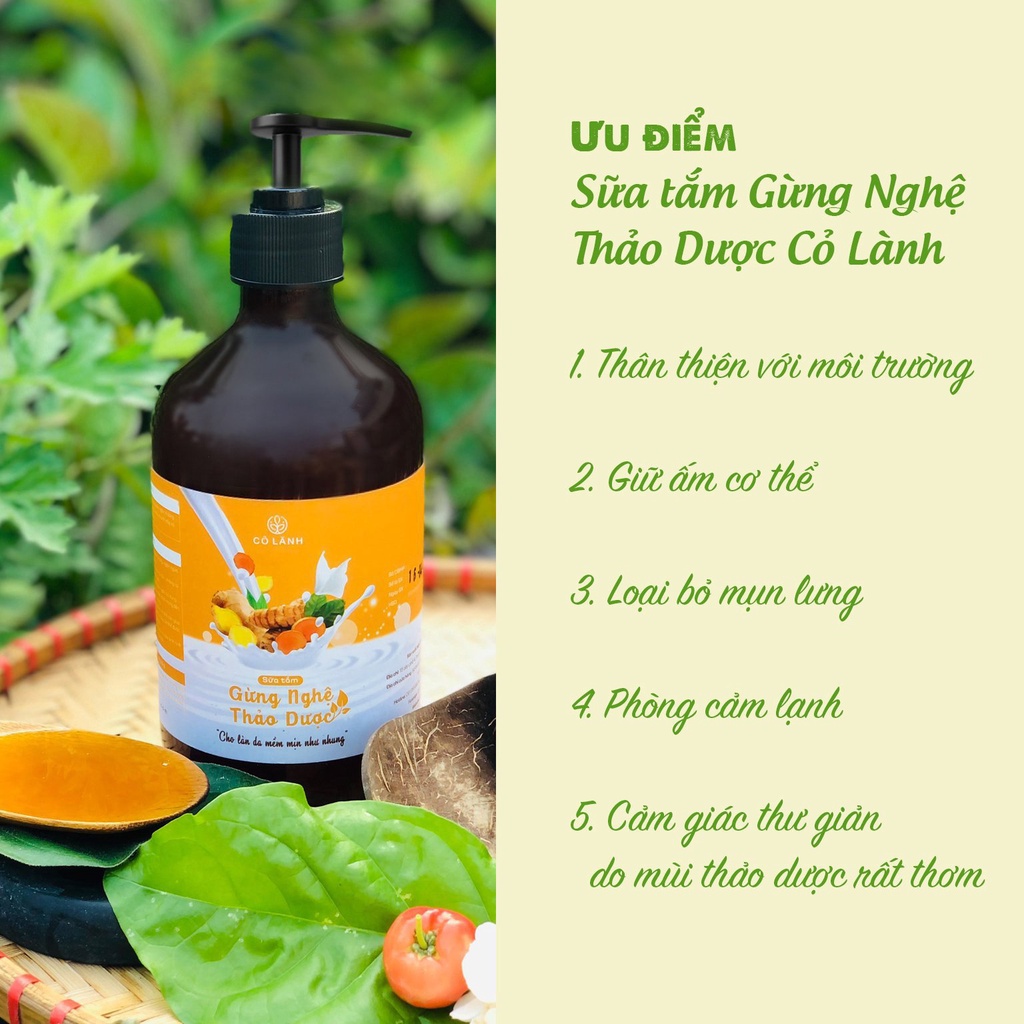 Sữa tắm gừng nghệ thảo dược Cỏ Lành - Giúp giảm m.ụn lưng, giữ ấm cơ thể. Dùng cho mẹ bầu, mẹ sau sinh, trẻ nhỏ.